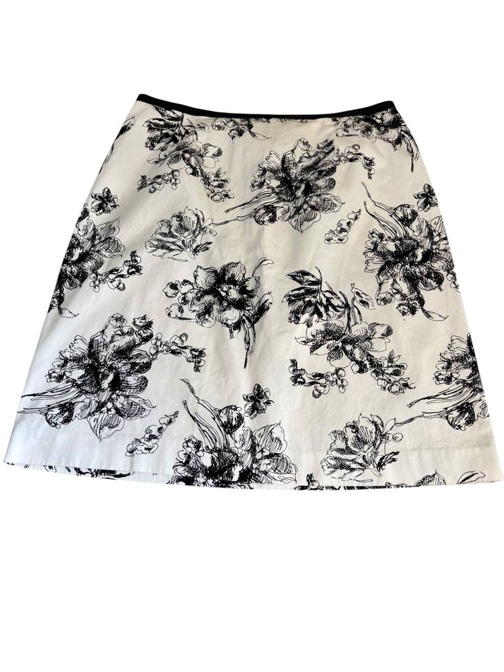Eddie Bauer White A-Line Skirt with Black Floral Sketch Print